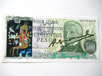 C) A. WARHOL/K. HARING/J. M.BASQUIAT: 500 PESO BANKNOTE 3x SIGNIERT , SKIZZIERT