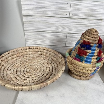 2 Woven Coil Flat Basket and storage Basket Hand Made in Morocco