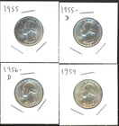 Lot of (4) Coins - 90% Silver Washington Quarters - 1955-P & D, 1956-D, 1959