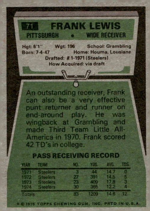 1975 Topps #71 Frank Lewis Pittsburgh Steelers NR-MINT PACK FRESH! - Image 2 of 2