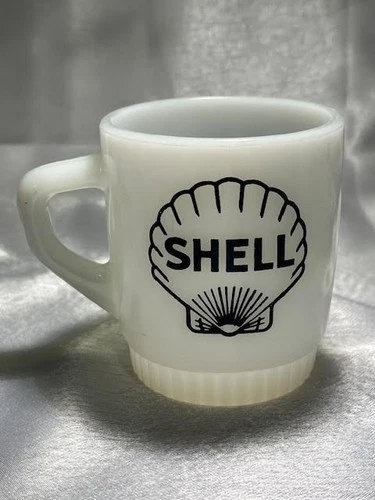 Vintage SHELL OIL DENNY'S SHELL SERVICE STATION Milk Glass Mug by Fire King