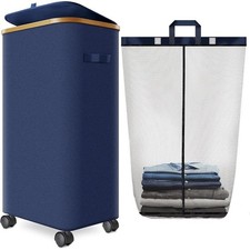 Foldable Laundry Cart W/ 4 Wheels Durable Bamboo Frame Multi-Use Organizer