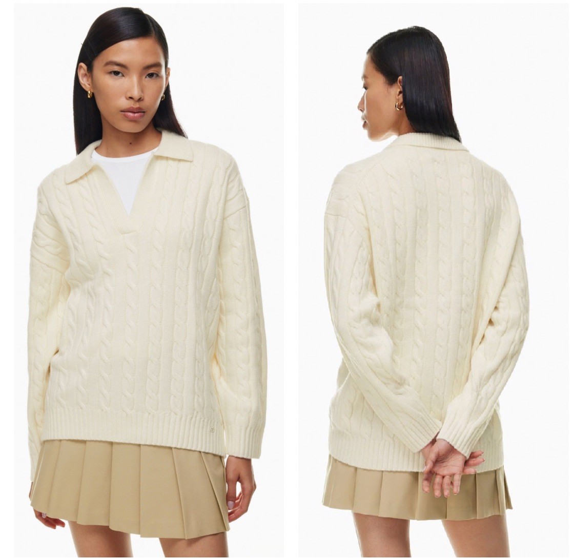 Aritzia Sunday Best Women’s Peggy Polo Cable Knit Sweater S Ivory Preppy Luxury