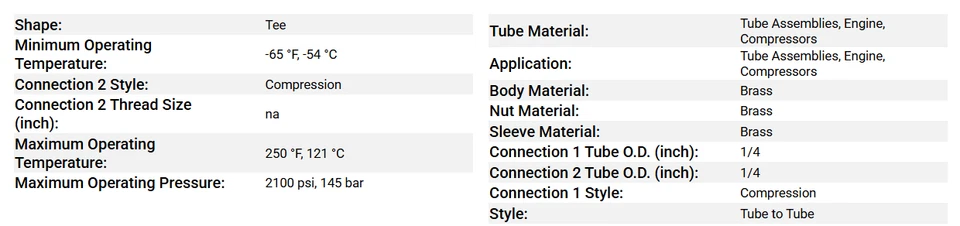Parker Union Tee Brass, Compression x Compression x Compression, 1/4inch tube OD - Image 3 of 3