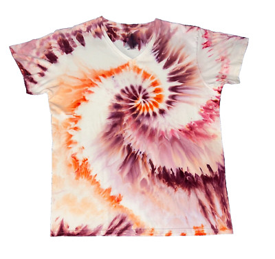 Spiral Ice Tie Dye T-Shirt, Unisex XL V-Neck SS, Orange Purple & Pink