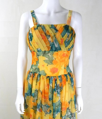 50s Vintage Dress | 1950s Vintage Yellow Floral Chiffon Prom Dress UK Size 10 - Picture 2 of 4