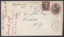 US 1886 POSTAL COVER UPRATED 10¢ NO STREET MARK BROOKVILLE REGISTERED COVER TO