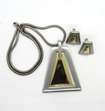 Modernist Distressed Silver Gold Pendant & Clip Earrings, snake chain