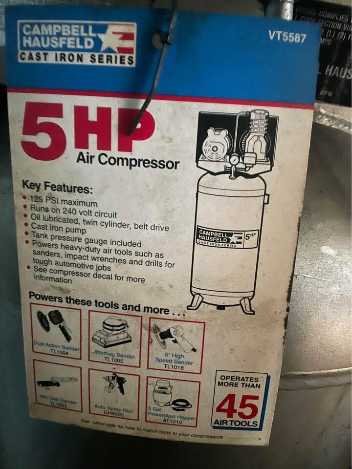 Campbell Hausfeld 5 HP Magnetek 220v 1 Phase 60 Gallon Vertical
