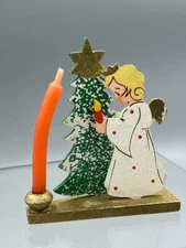 Vintage ANGEL & CHRISTMAS TREE Miniature Wood Candle Holder