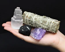 Home Protection Crystal Kit: Amethyst, Selenite, Tourmaline & Blue Sage Smudge