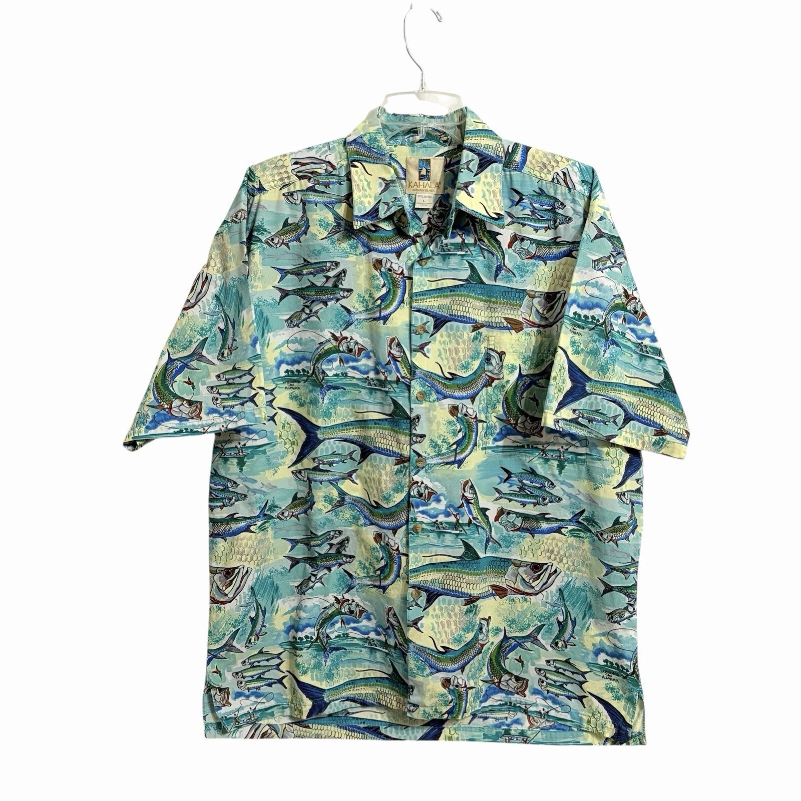 Kahala Mens Tarpon Fish Hawaiian Shirt L Multicolor Short Sleeve Button Up Aloha