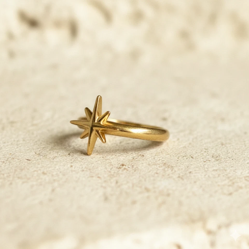 Yellow Gold Starburst Design Rings 925 Silver North Star Rings Celestial Jewelry - Image 3 of 4