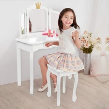 Vanity Table Chair Set Makeup Dressing Kids Girls Stool Mirror with Drawer White