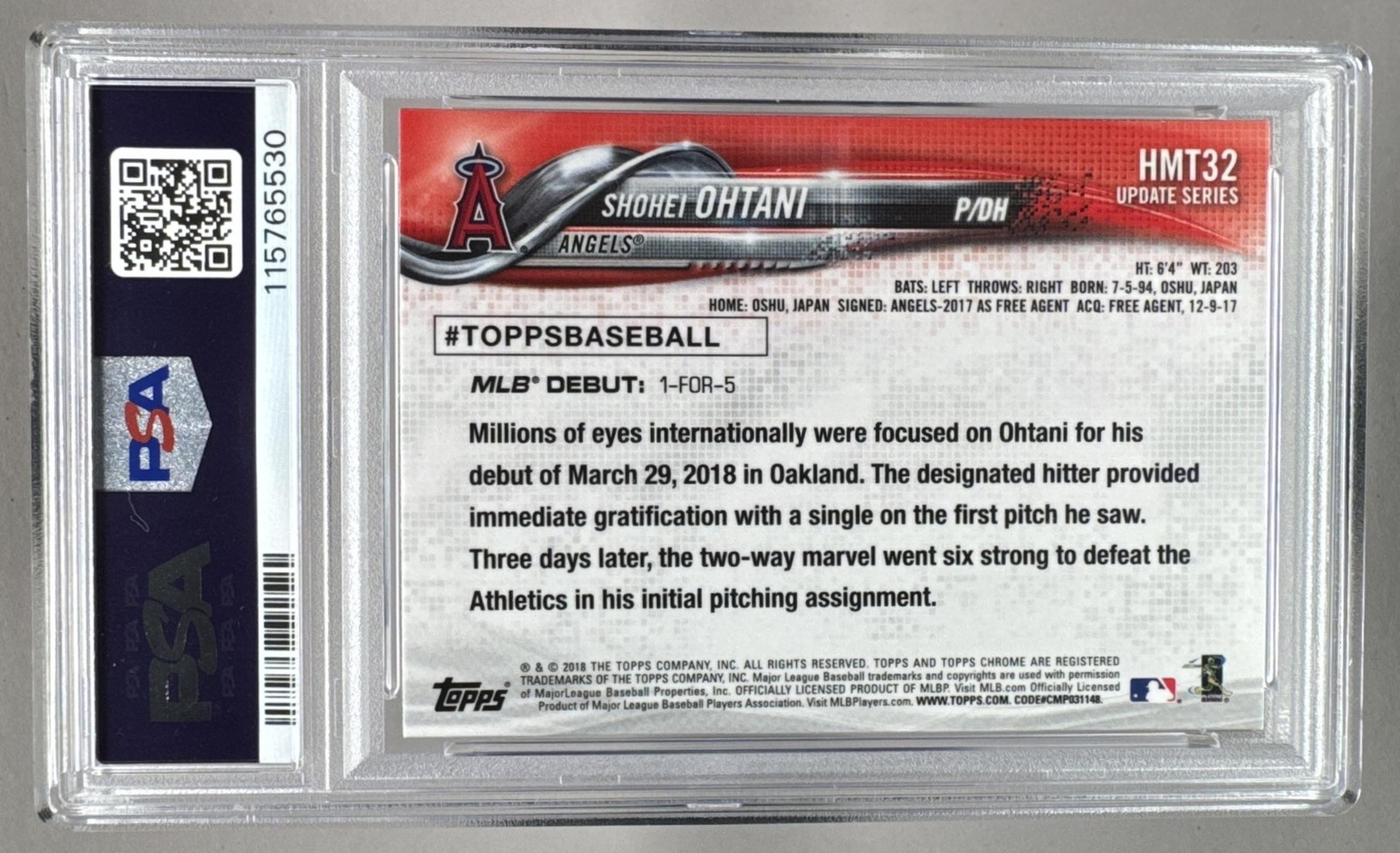 115765530 Shohei Ohtani 2018 Topps Chrome Update #HMT32 Rookie RC PSA 10 view 2