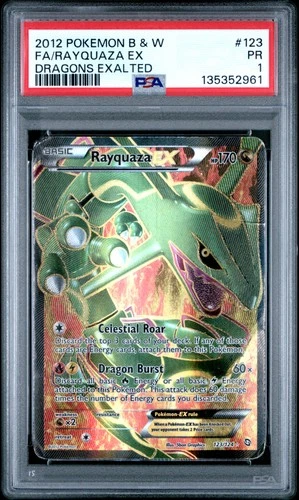 2012 POKEMON BLACK & WHITE DRAGONS EXALTED #123 FULL ART/RAYQUAZA EX PSA 1