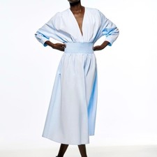 Zara Wide Elastic Waist Elegant Light Blue Midi Dress Size L.
