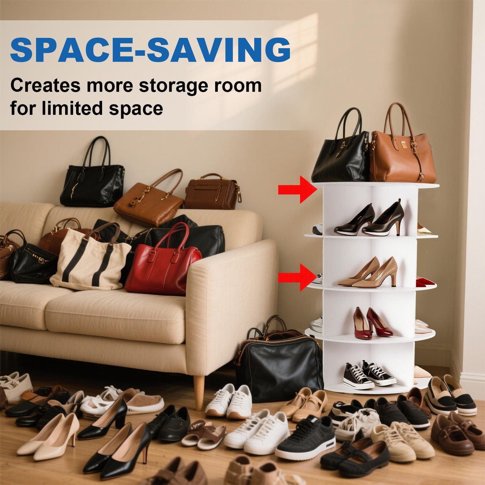 4 Tier Rotating Shoe Rack Tower, Free Standing 360° Shoe organizer Lazy Susan