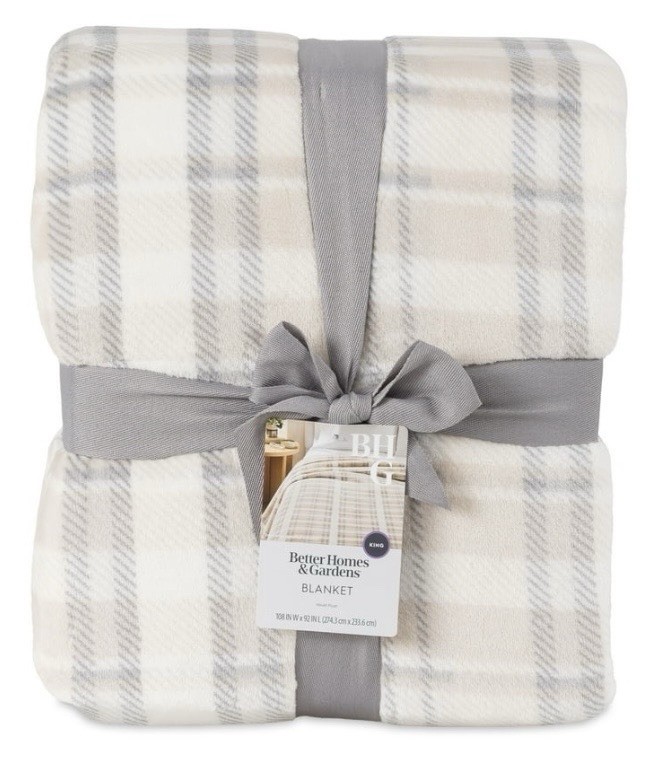 Better Homes & Gardens King Plaid Blanket Beige/White/Gray 90 x 108 Polyester