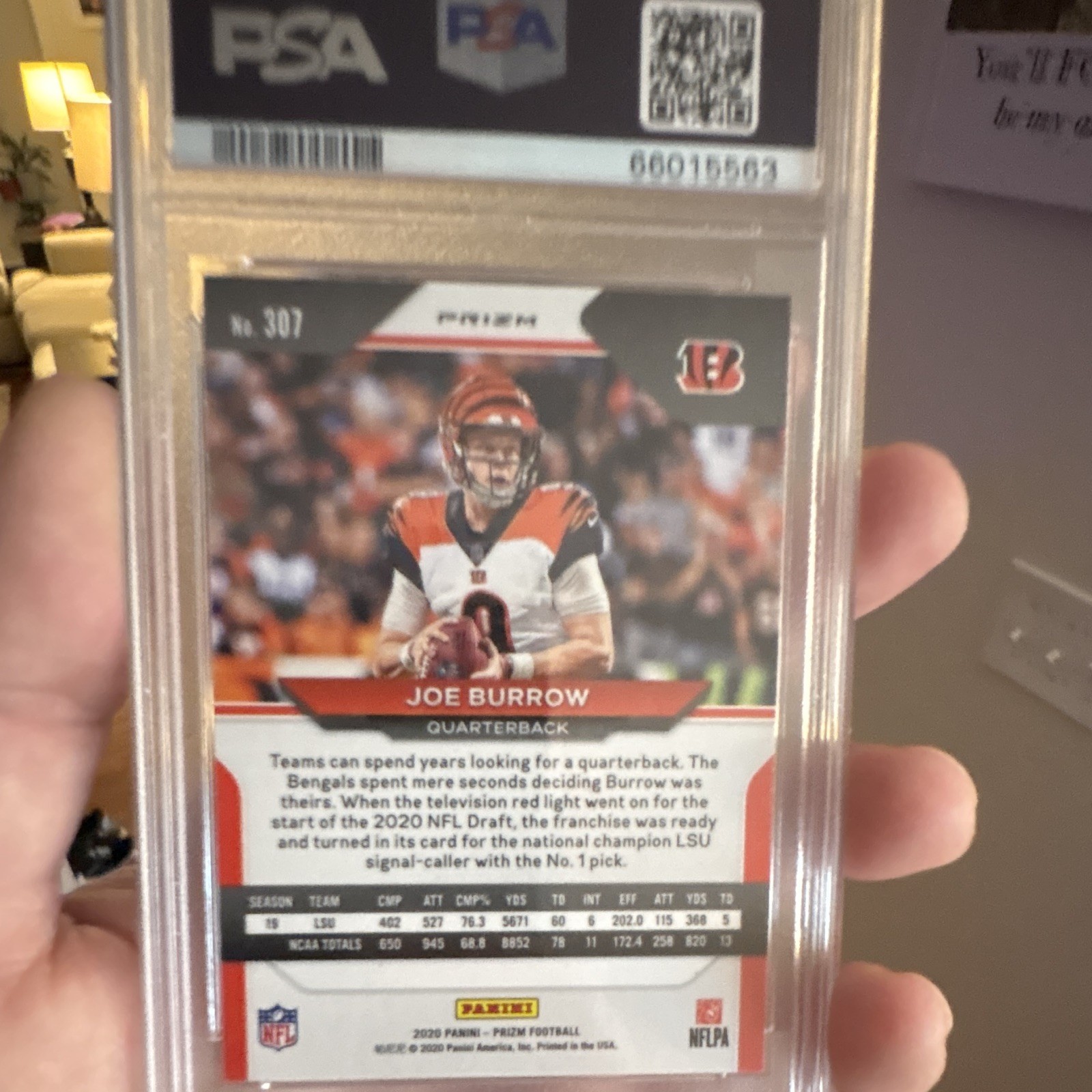 Panini 2020 Prizm Joe Burrow #307 Pink Prizm RC Bengals PSA 9 view 2