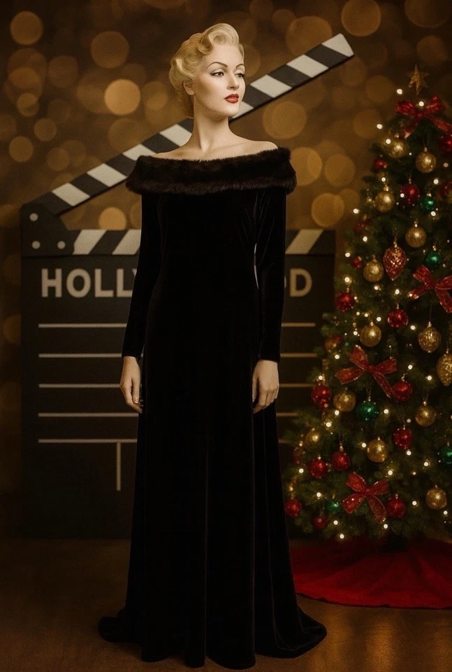 Cachet Vintage Black Velvet Dress Faux Fur Collar Off Shoulder Gown Holiday Sz 4 - Image 2 of 4