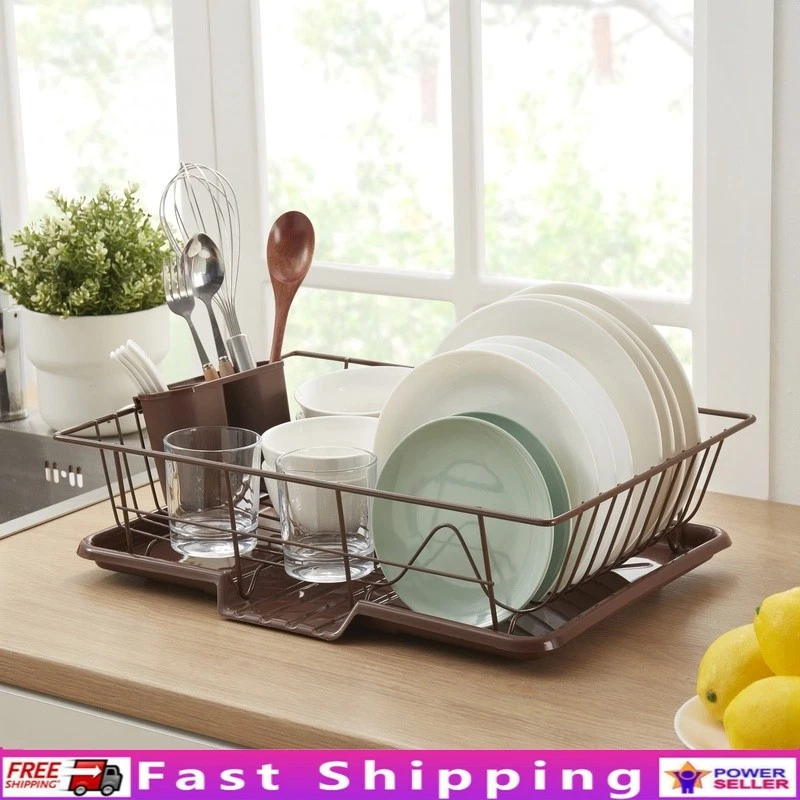 3 Piece Large Dish Drainer W/ Steel Rack Cutlery Caddy Waterproof Tray New