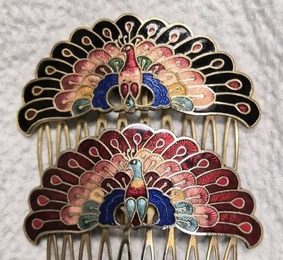 Vintage Gold Tone Cloisonne Peacock Hair Combs 2 1/2''