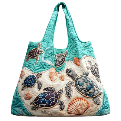 Quilted Sea Turtle Tote Bag Large Capacity Shoulder Beach Shopping Bag + Pouch