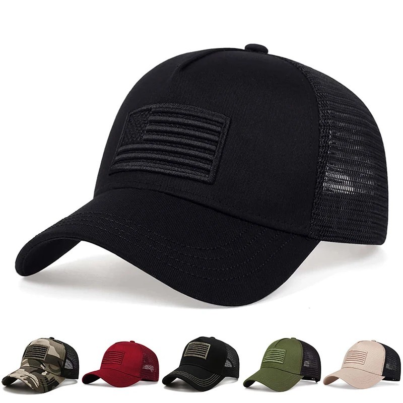 Army Green/Black American Flag Hat - Tactical Snap Back Trucker Baseball Cap