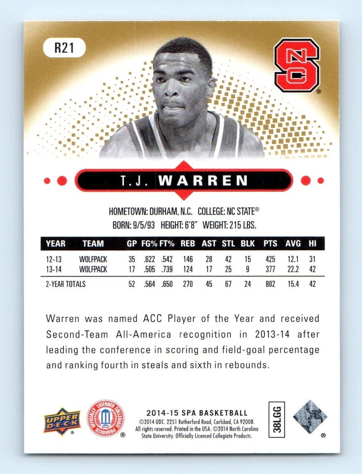 2014-15 SP Authentic Rookie Extended T.J. Warren NC State Wolfpack #R21 - Image 2 of 2