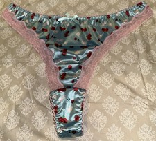 Vtg Styl Lt. Blue Floral Second Skin Satin  Pink Lace Thong Panties XL NEW