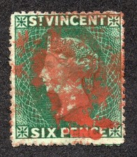 St. Vincent 1871 6p dk blue green Queen Victoria Scott # 14 used LH VF