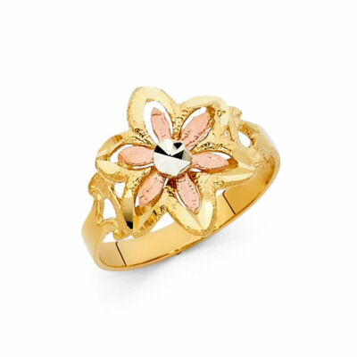 14k Real Solid Tri Color Gold 15 mm Flower Ring Anillo de Flor Oro Solido