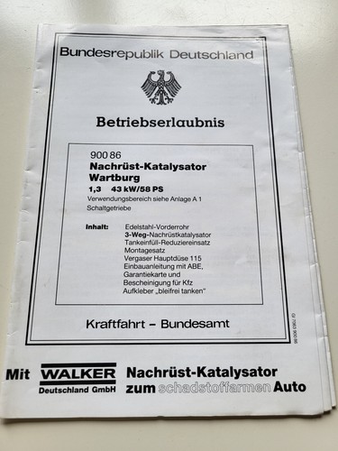 Katalysator Nachrüst Prospekt Wartburg 1.3 43 kW / 58 PS KTA Betriebserlaubnis