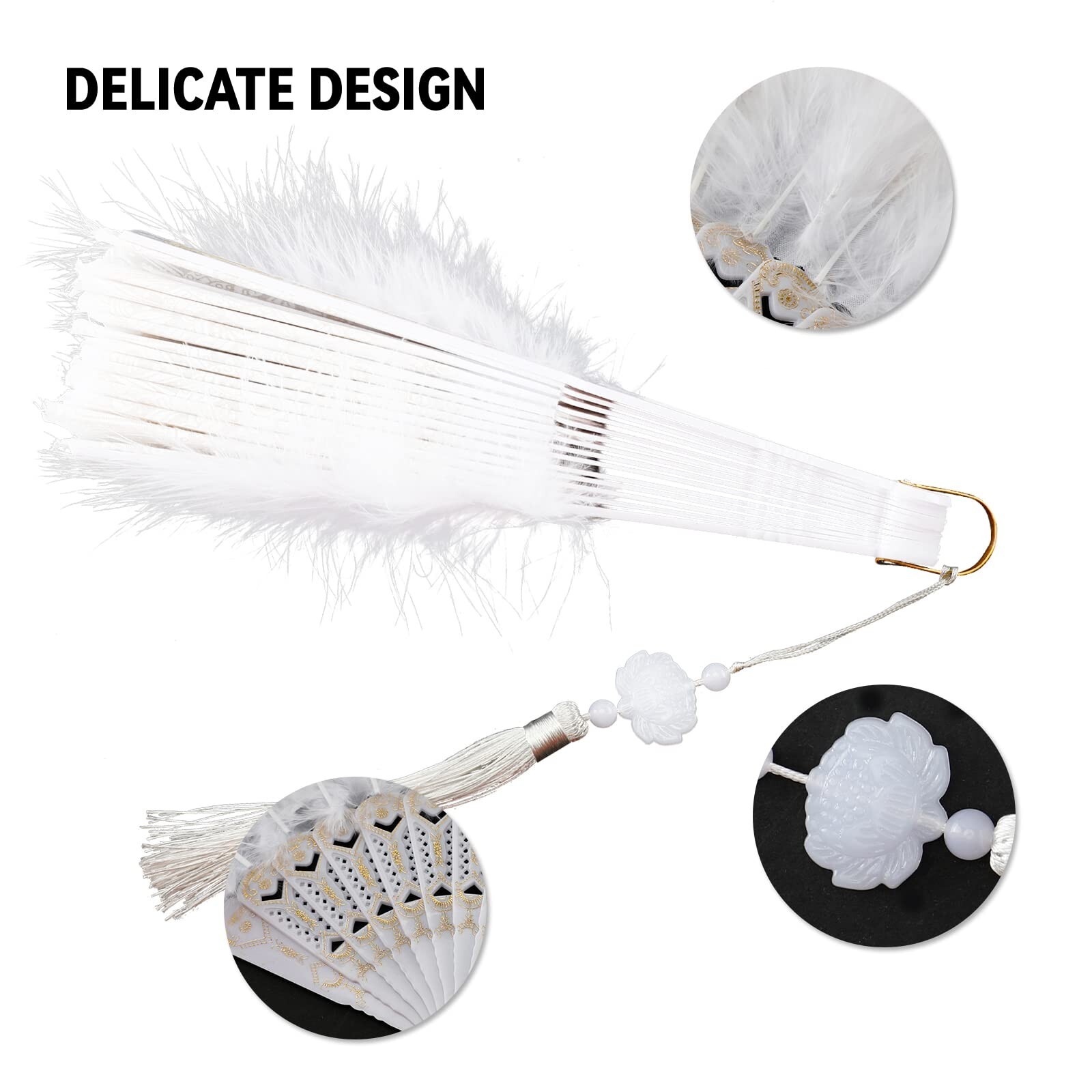 White Foldable Feather Fan Handheld Chinese Vintage Style Hand Held Folding F...