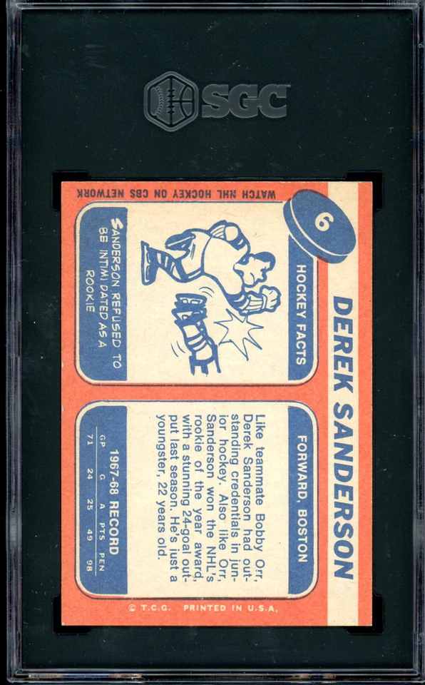 1968-69 TOPPS NHL Hockey #6 Derek Sanderson HOF SGC 8 NM-MINT Boston Bruins - Image 2 of 2