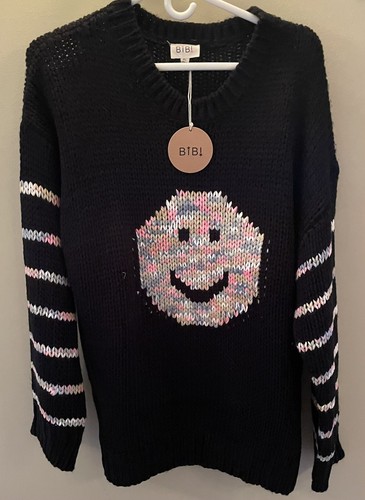 BIBI BLACK LONG SLEEVE CREW NECK SWEATER WITH SMILEY FACE SIZE XL NWT | eBay