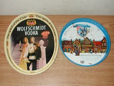 VINTAGE HEILEMAN'S OLD STYLE BEER AND WOLFSCHMIDT VODKA METAL SERVING TRAYS