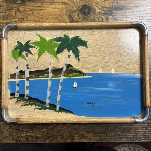 Vintage 12,5”x8,5” handbemalt Aloha Hawaii Holz Tablett Made in Japan MCM Retro