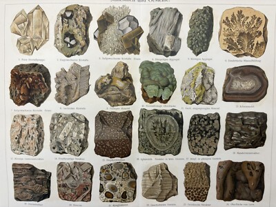 antike Grafik Varia: Mineralien und Gesteine - alte Chromolithografie 1905 gems