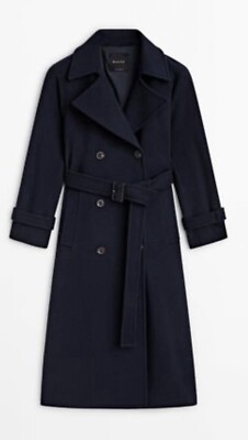 Massimo Dutti Navy Trench Style Wool Blend Wrap Coat Size Small