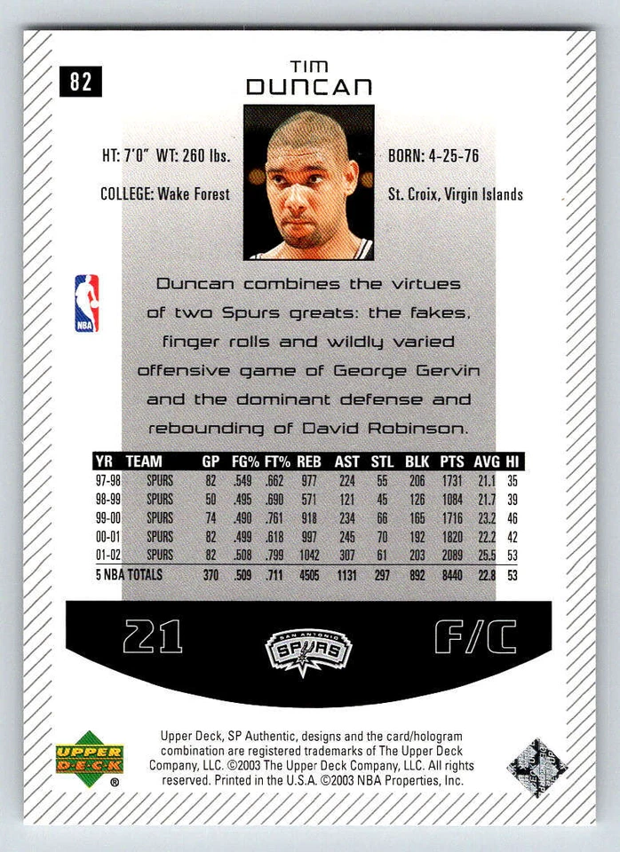 2002-03 SP Authentic #82 Tim Duncan (ref 193218) - Image 2 of 2