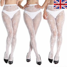 New Womens White Lace Patterned Fishnet Tights Bow Floral Seamed Pattern UK 6-16