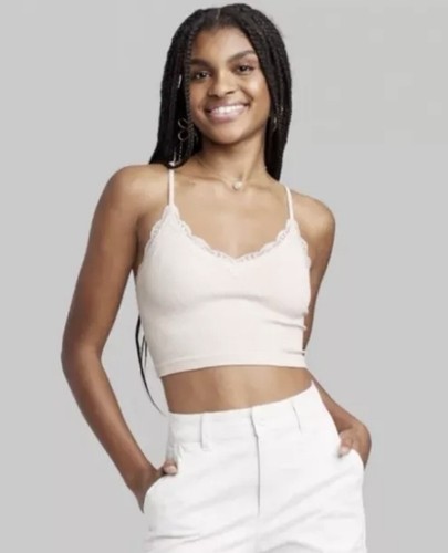 Women's Wild Fable XS Lace Trim Seamless Cropped Tank Top Ivory Adjustable Strap