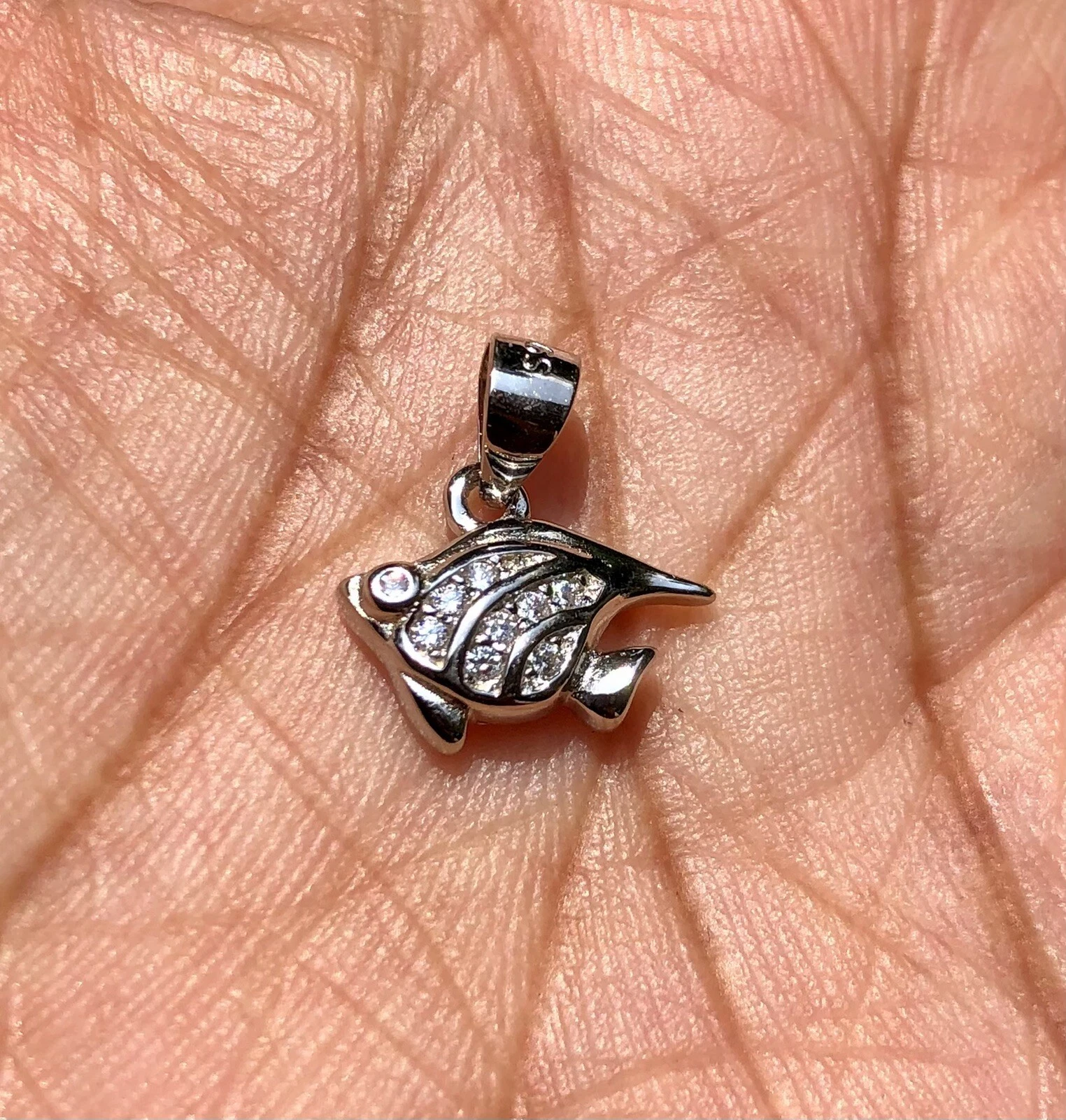 925 Sterling Silver FISH Pendant with Cz, Small Minimal Jewelry, High Polish #1