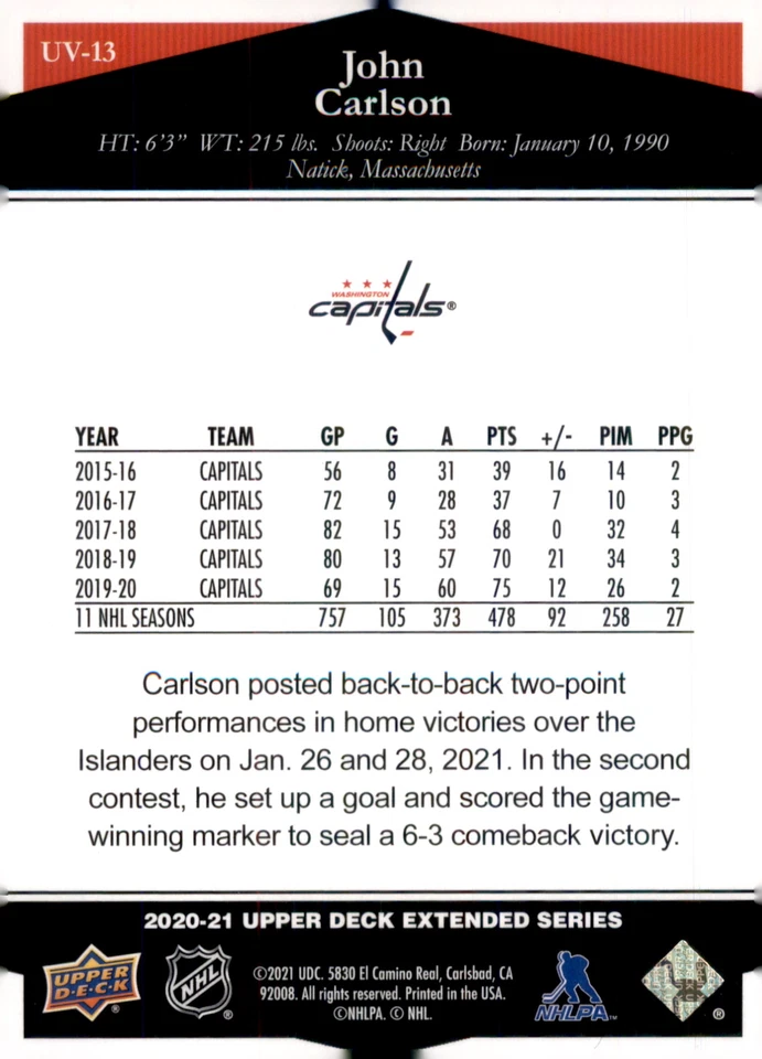 2020-21 Upper Deck #UV-13 John Carlson Ultimate Victory Red #/350 - Image 2 of 2