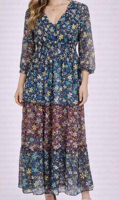 FIGUEROA & Flower Floral Chiffon Maxi Dress V-Neck 3/4 Sleeve Size S