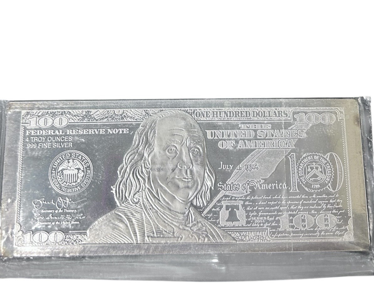 希少　アメリカ　フランクリン　100ドル　純銀プレート 4 oz .999 Fine Silver Bar - $100 Bill Benjamin Franklin Design - 4