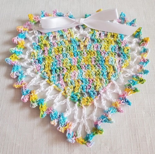 New Hand Crochet Mother's Day Heart Gift Doily, 5.5" Ribbon
