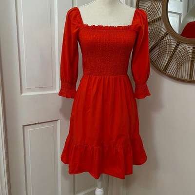 Sim & Sam Red Cotton Smocked Dress S Puff Sleeve Ruffle Boho Cottagecore Peasant